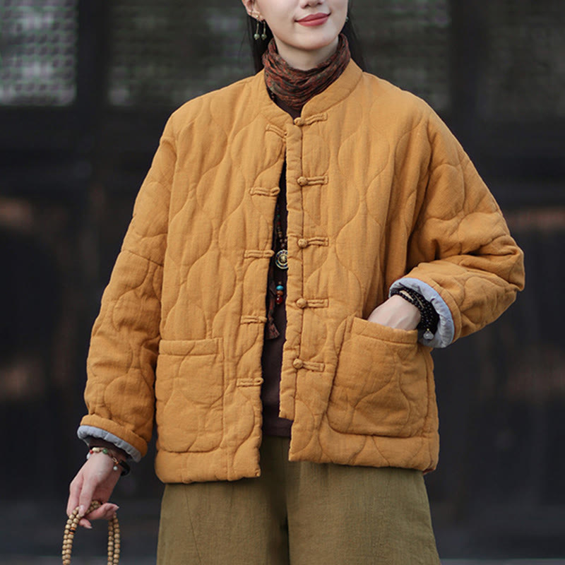 Winter Curved Lines Frog-Button Ramie Cotton Long Sleeve Women's Thermal Jacket With Pockets