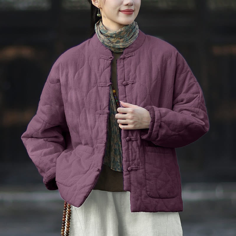 Winter Curved Lines Frog-Button Ramie Cotton Long Sleeve Women's Thermal Jacket With Pockets