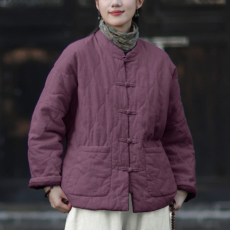 Winter Curved Lines Frog-Button Ramie Cotton Long Sleeve Women's Thermal Jacket With Pockets