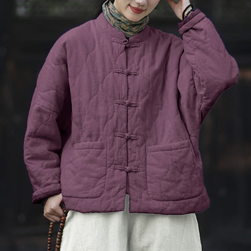 Winter Curved Lines Frog-Button Ramie Cotton Long Sleeve Women's Thermal Jacket With Pockets