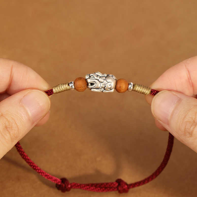 Handmade 999 Sterling Silver Pixiu Peach Wood Red String Braided Bracelet Anklet