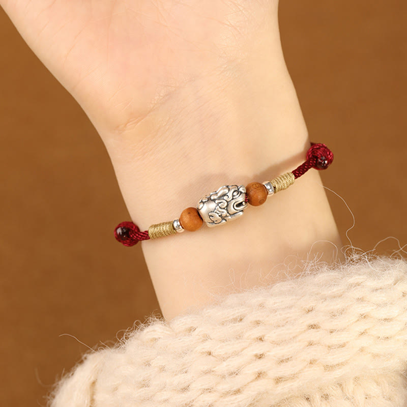 Handmade 999 Sterling Silver Pixiu Peach Wood Red String Braided Bracelet Anklet