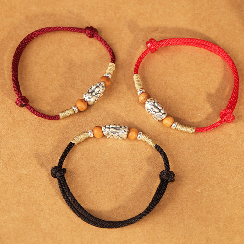 Handmade 999 Sterling Silver Pixiu Peach Wood Red String Braided Bracelet Anklet