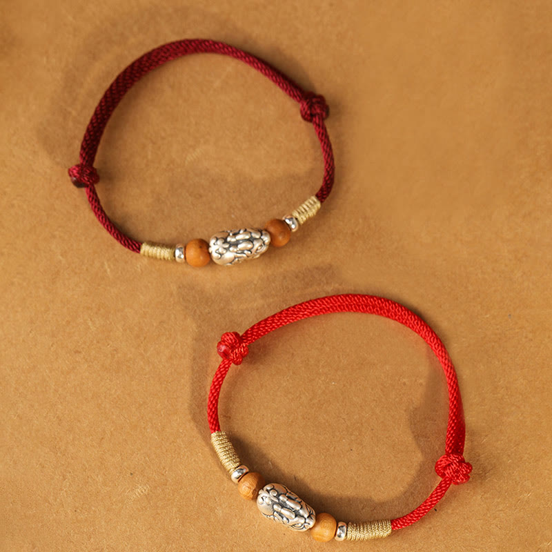 Handmade 999 Sterling Silver Pixiu Peach Wood Red String Braided Bracelet Anklet