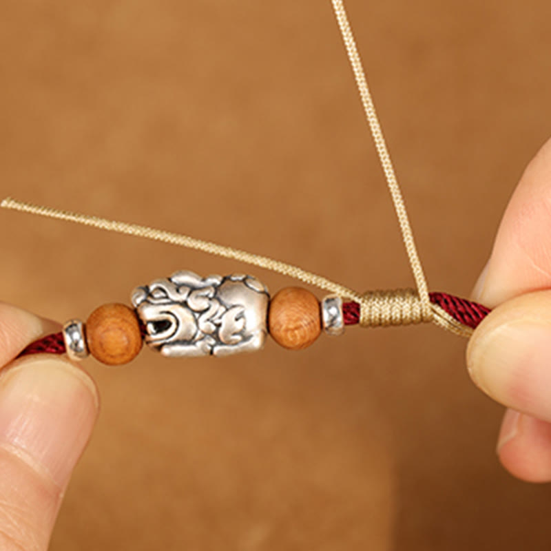 Handmade 999 Sterling Silver Pixiu Peach Wood Red String Braided Bracelet Anklet