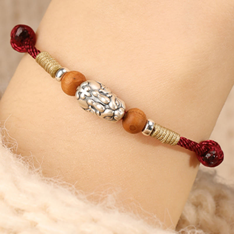 Handmade 999 Sterling Silver Pixiu Peach Wood Red String Braided Bracelet Anklet