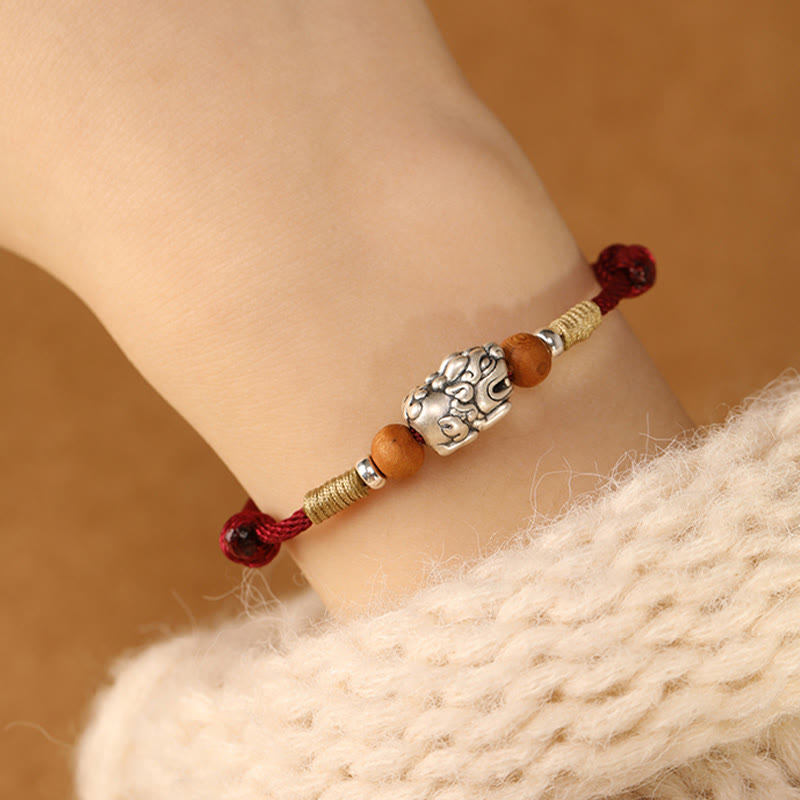 Handmade 999 Sterling Silver Pixiu Peach Wood Red String Braided Bracelet Anklet