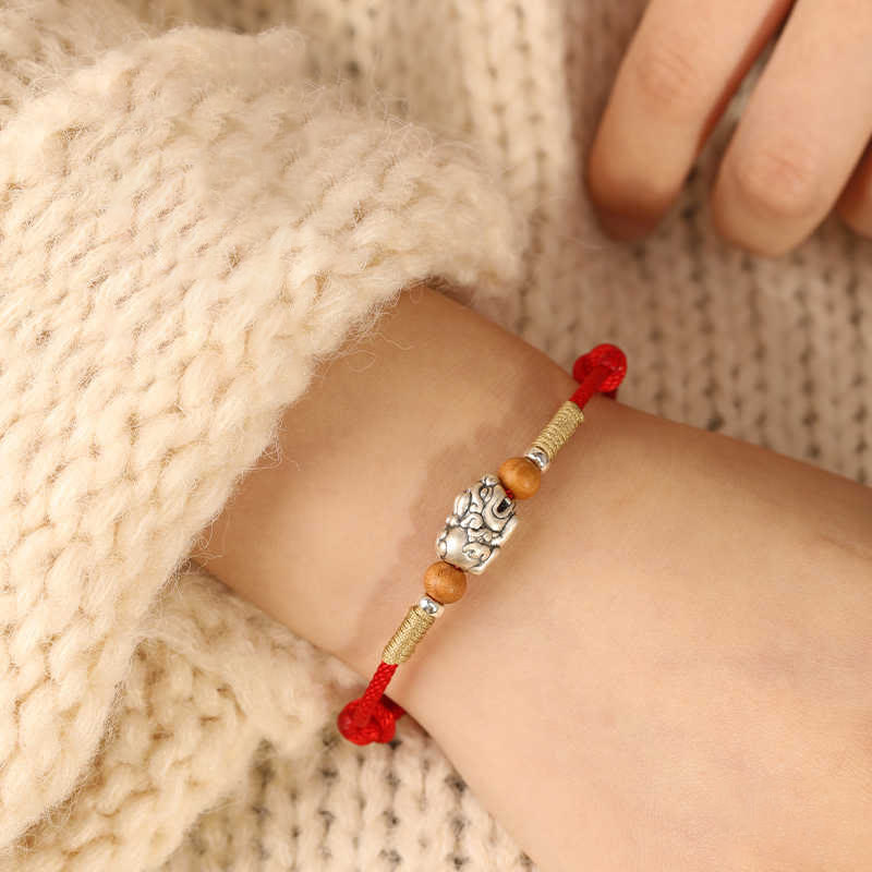 Handmade 999 Sterling Silver Pixiu Peach Wood Red String Braided Bracelet Anklet