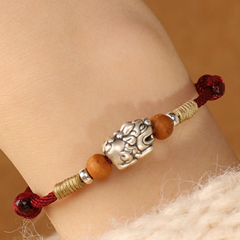 Handmade 999 Sterling Silver Pixiu Peach Wood Red String Braided Bracelet Anklet