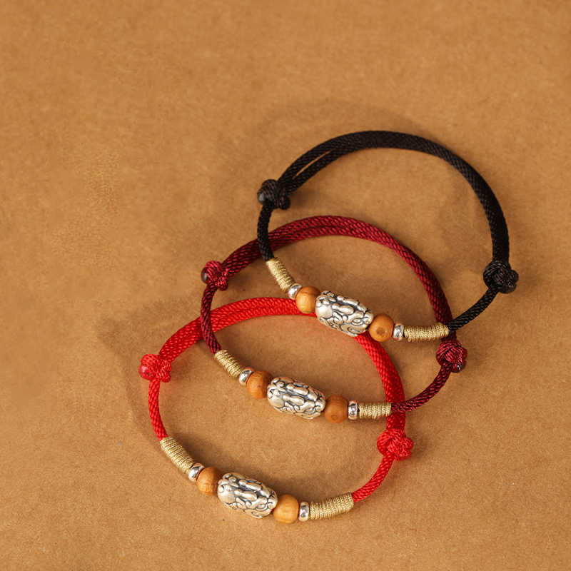 Handmade 999 Sterling Silver Pixiu Peach Wood Red String Braided Bracelet Anklet