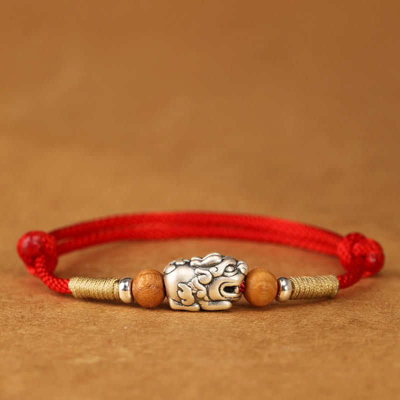 Handmade 999 Sterling Silver Pixiu Peach Wood Red String Braided Bracelet Anklet