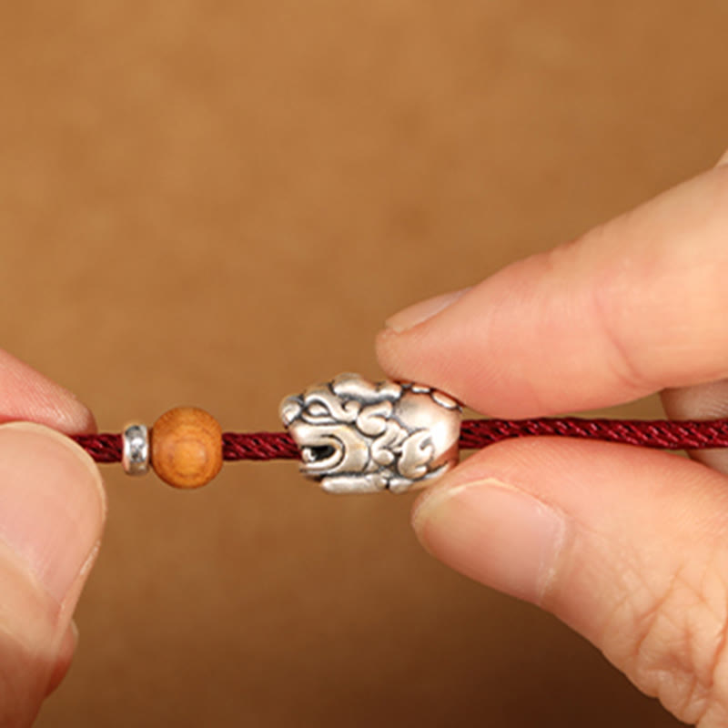 Handmade 999 Sterling Silver Pixiu Peach Wood Red String Braided Bracelet Anklet