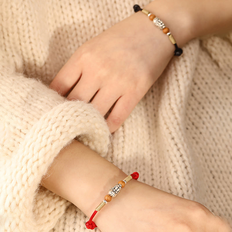Handmade 999 Sterling Silver Pixiu Peach Wood Red String Braided Bracelet Anklet