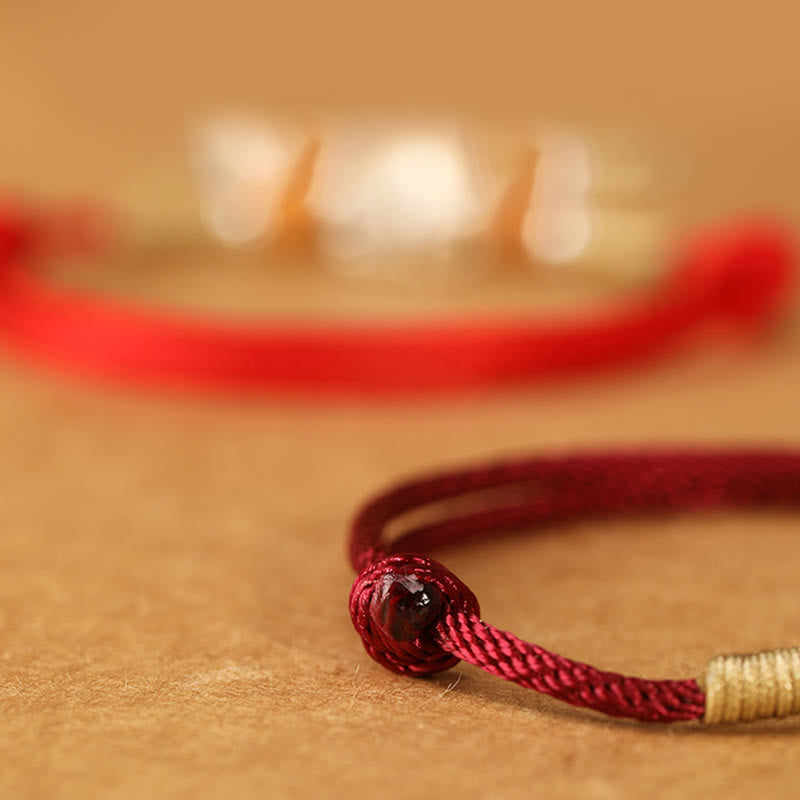 Handmade 999 Sterling Silver Pixiu Peach Wood Red String Braided Bracelet Anklet