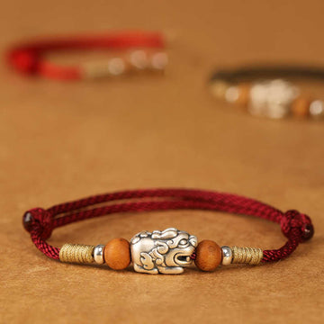 Handmade 999 Sterling Silver Pixiu Peach Wood Red String Braided Bracelet Anklet