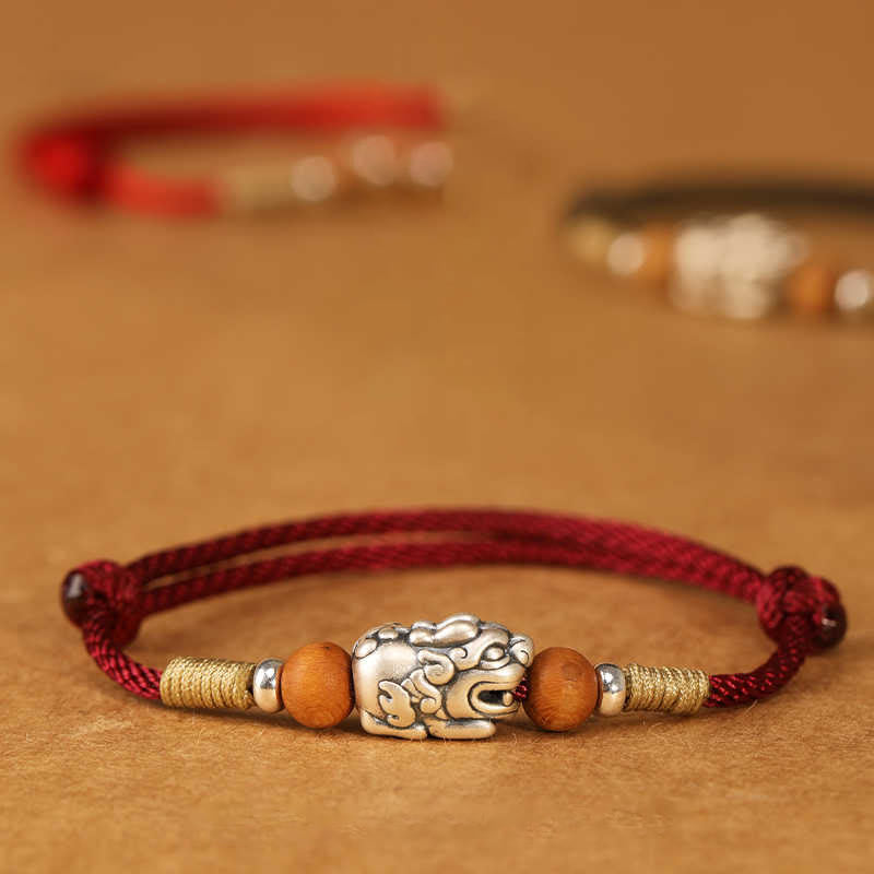 Handmade 999 Sterling Silver Pixiu Peach Wood Red String Braided Bracelet Anklet