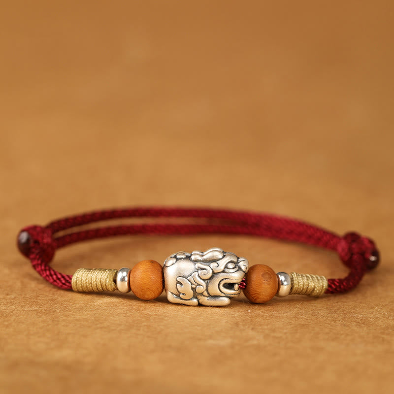Handmade 999 Sterling Silver Pixiu Peach Wood Red String Braided Bracelet Anklet