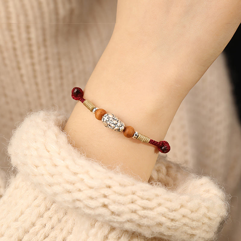 Handmade 999 Sterling Silver Pixiu Peach Wood Red String Braided Bracelet Anklet