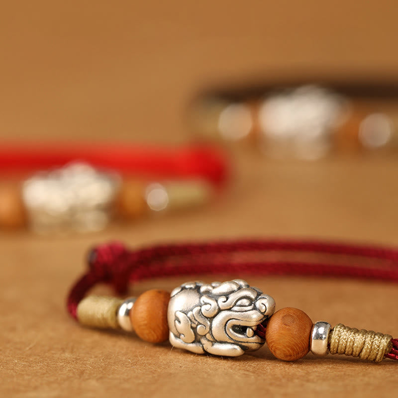 Handmade 999 Sterling Silver Pixiu Peach Wood Red String Braided Bracelet Anklet