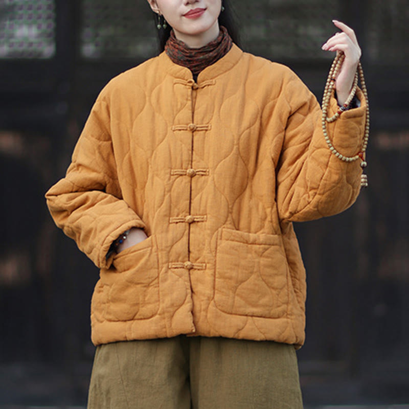 Winter Curved Lines Frog-Button Ramie Cotton Long Sleeve Women's Thermal Jacket With Pockets