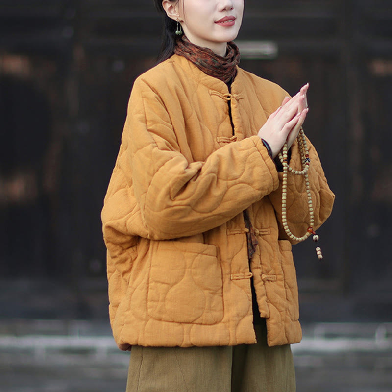 Winter Curved Lines Frog-Button Ramie Cotton Long Sleeve Women's Thermal Jacket With Pockets