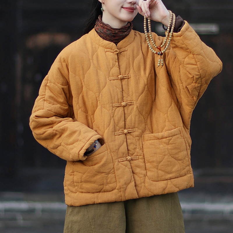 Winter Curved Lines Frog-Button Ramie Cotton Long Sleeve Women's Thermal Jacket With Pockets