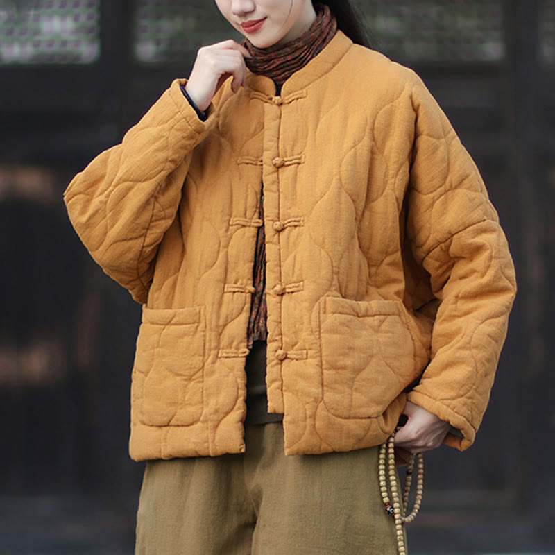 Winter Curved Lines Frog-Button Ramie Cotton Long Sleeve Women's Thermal Jacket With Pockets