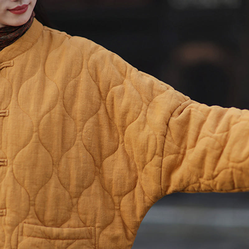 Winter Curved Lines Frog-Button Ramie Cotton Long Sleeve Women's Thermal Jacket With Pockets