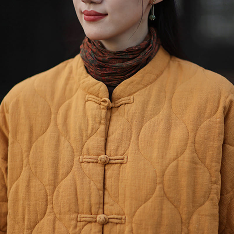 Winter Curved Lines Frog-Button Ramie Cotton Long Sleeve Women's Thermal Jacket With Pockets