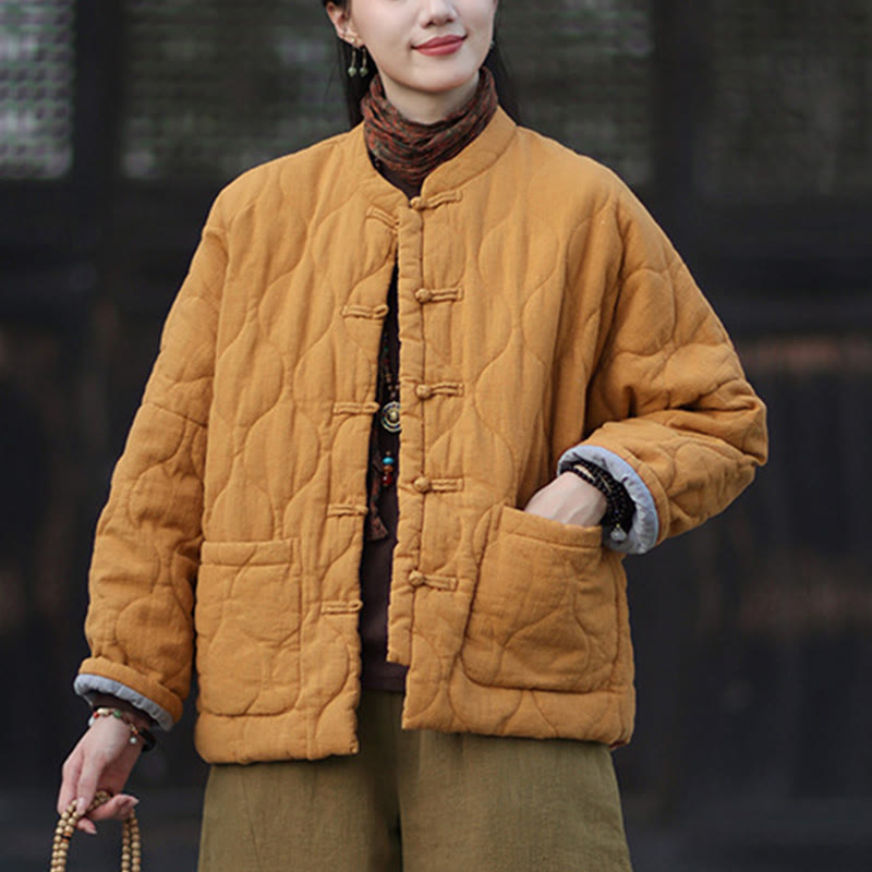 Winter Curved Lines Frog-Button Ramie Cotton Long Sleeve Women's Thermal Jacket With Pockets