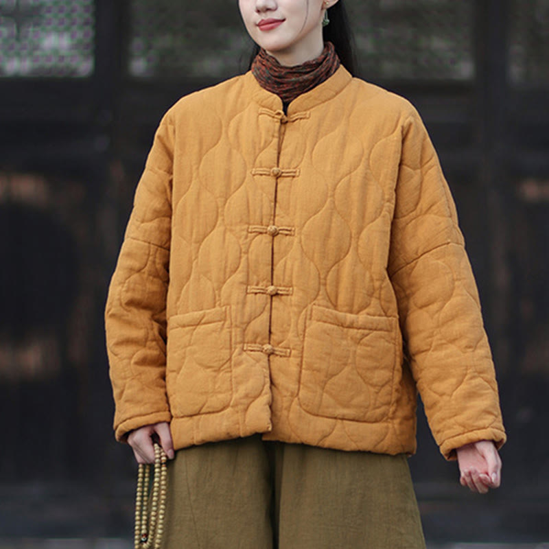 Winter Curved Lines Frog-Button Ramie Cotton Long Sleeve Women's Thermal Jacket With Pockets