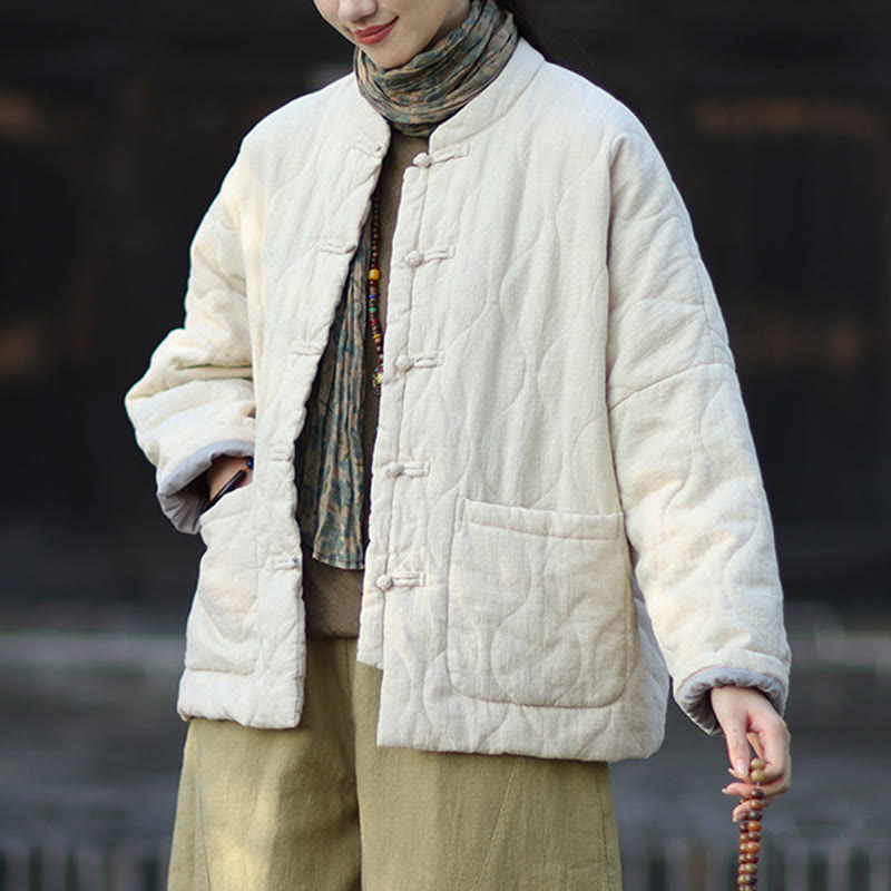 Winter Curved Lines Frog-Button Ramie Cotton Long Sleeve Women's Thermal Jacket With Pockets