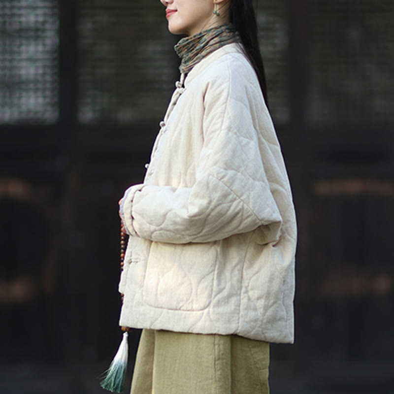 Winter Curved Lines Frog-Button Ramie Cotton Long Sleeve Women's Thermal Jacket With Pockets