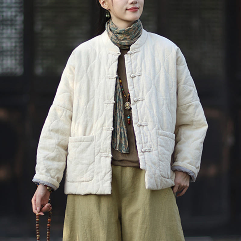 Winter Curved Lines Frog-Button Ramie Cotton Long Sleeve Women's Thermal Jacket With Pockets