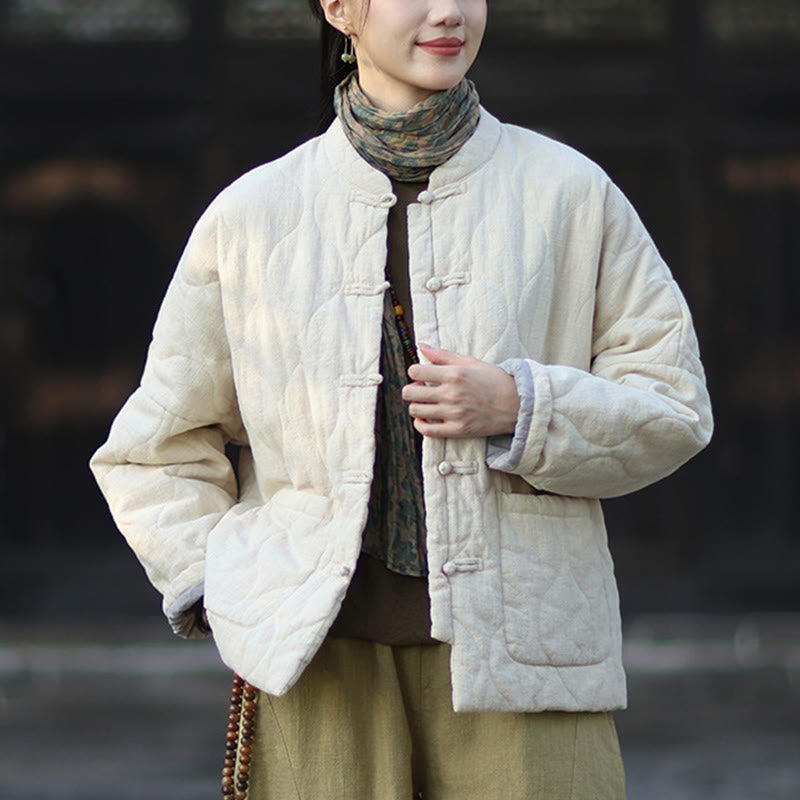 Winter Curved Lines Frog-Button Ramie Cotton Long Sleeve Women's Thermal Jacket With Pockets