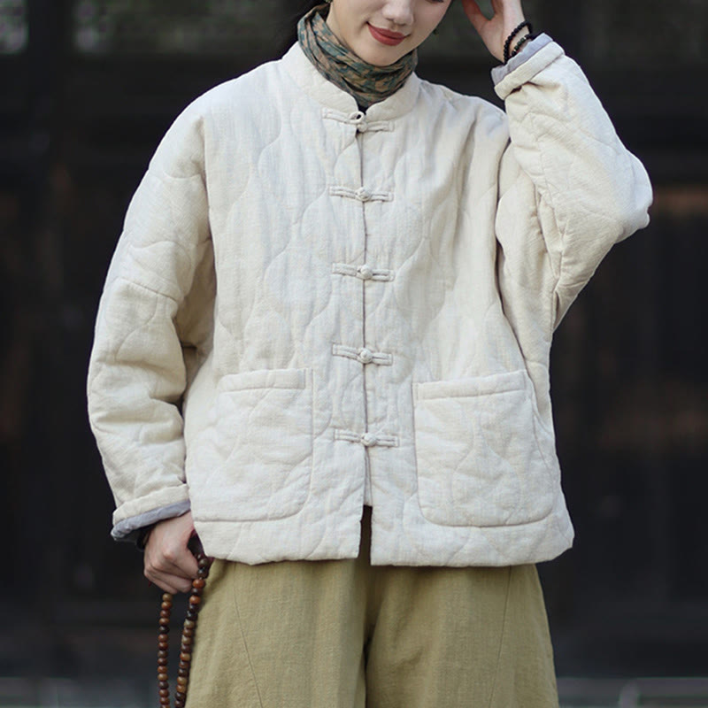 Winter Curved Lines Frog-Button Ramie Cotton Long Sleeve Women's Thermal Jacket With Pockets