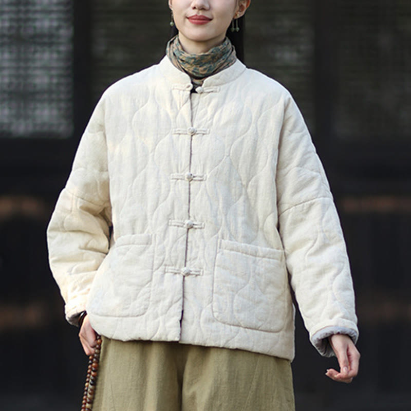 Winter Curved Lines Frog-Button Ramie Cotton Long Sleeve Women's Thermal Jacket With Pockets