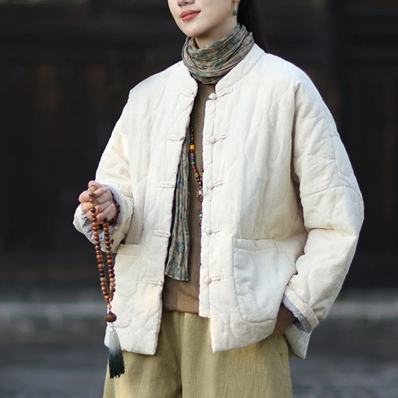 Winter Curved Lines Frog-Button Ramie Cotton Long Sleeve Women's Thermal Jacket With Pockets