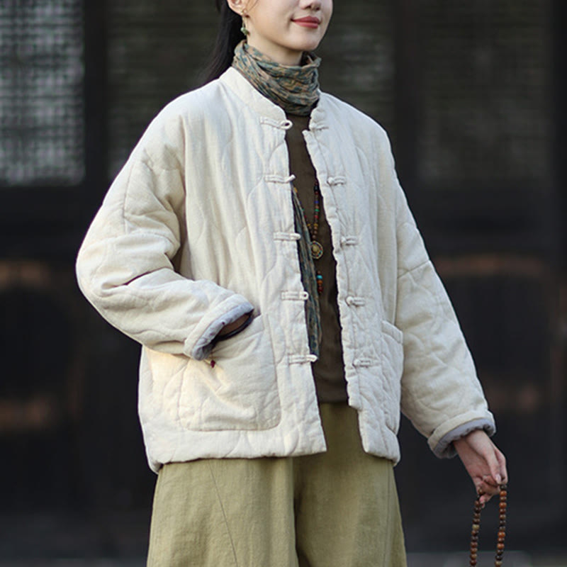 Winter Curved Lines Frog-Button Ramie Cotton Long Sleeve Women's Thermal Jacket With Pockets