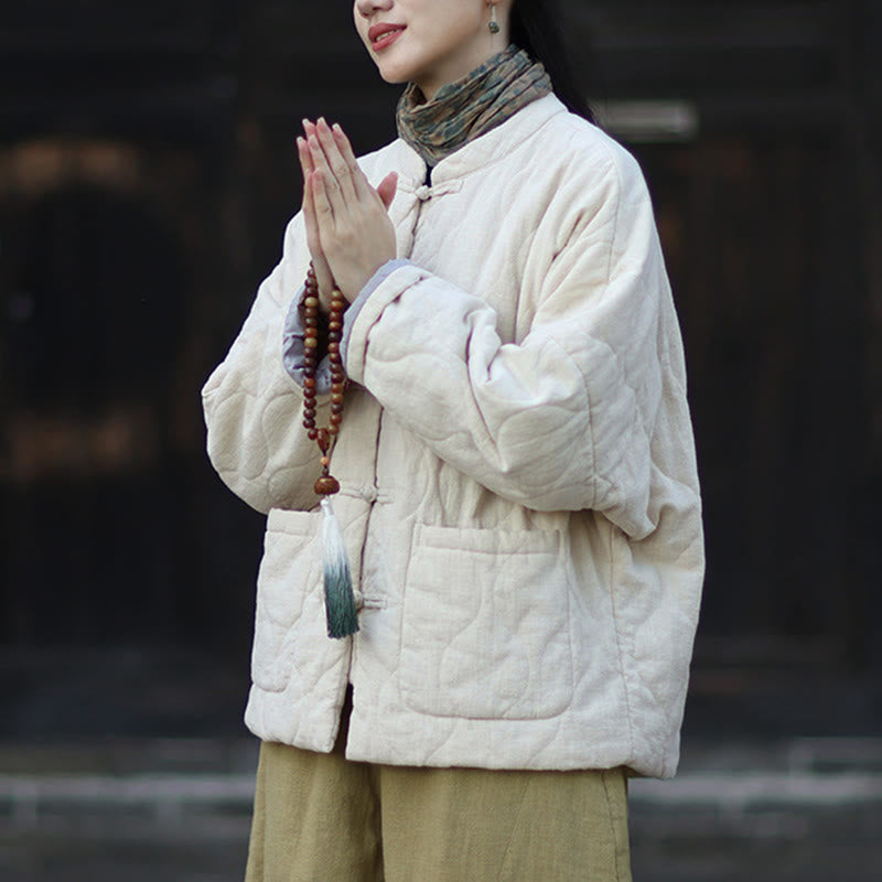 Winter Curved Lines Frog-Button Ramie Cotton Long Sleeve Women's Thermal Jacket With Pockets