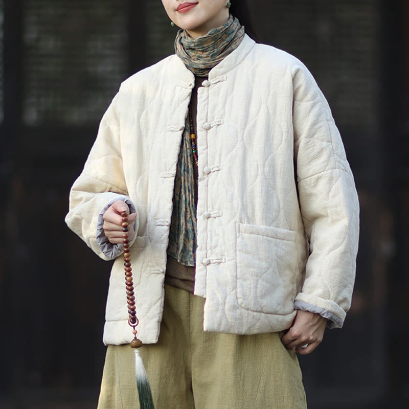 Winter Curved Lines Frog-Button Ramie Cotton Long Sleeve Women's Thermal Jacket With Pockets