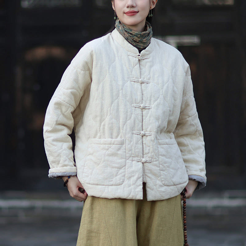 Winter Curved Lines Frog-Button Ramie Cotton Long Sleeve Women's Thermal Jacket With Pockets