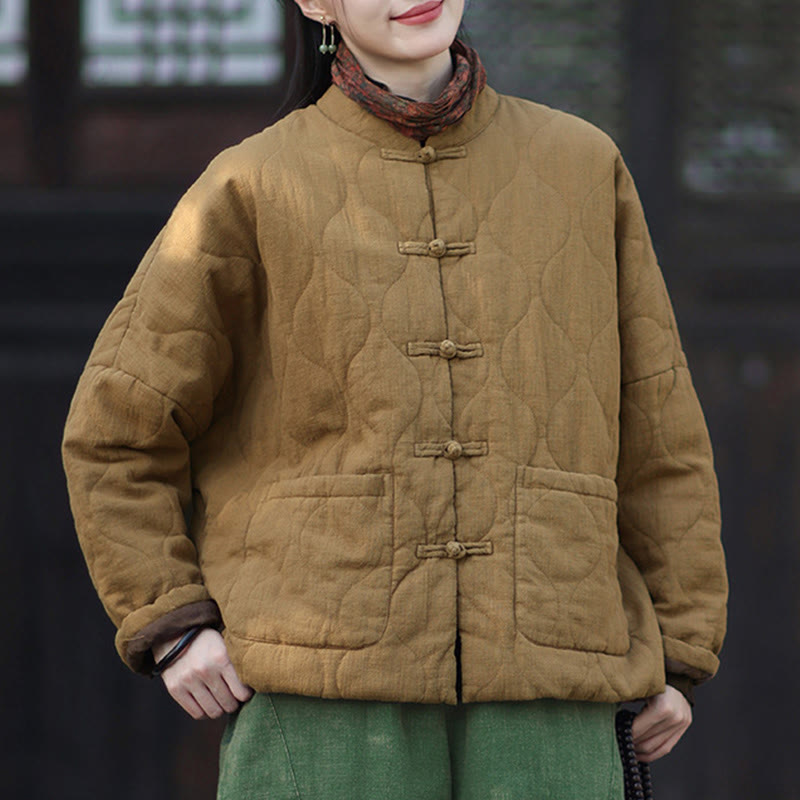 Winter Curved Lines Frog-Button Ramie Cotton Long Sleeve Women's Thermal Jacket With Pockets