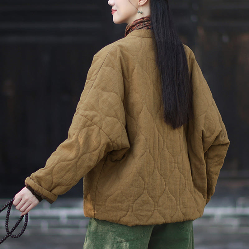 Winter Curved Lines Frog-Button Ramie Cotton Long Sleeve Women's Thermal Jacket With Pockets