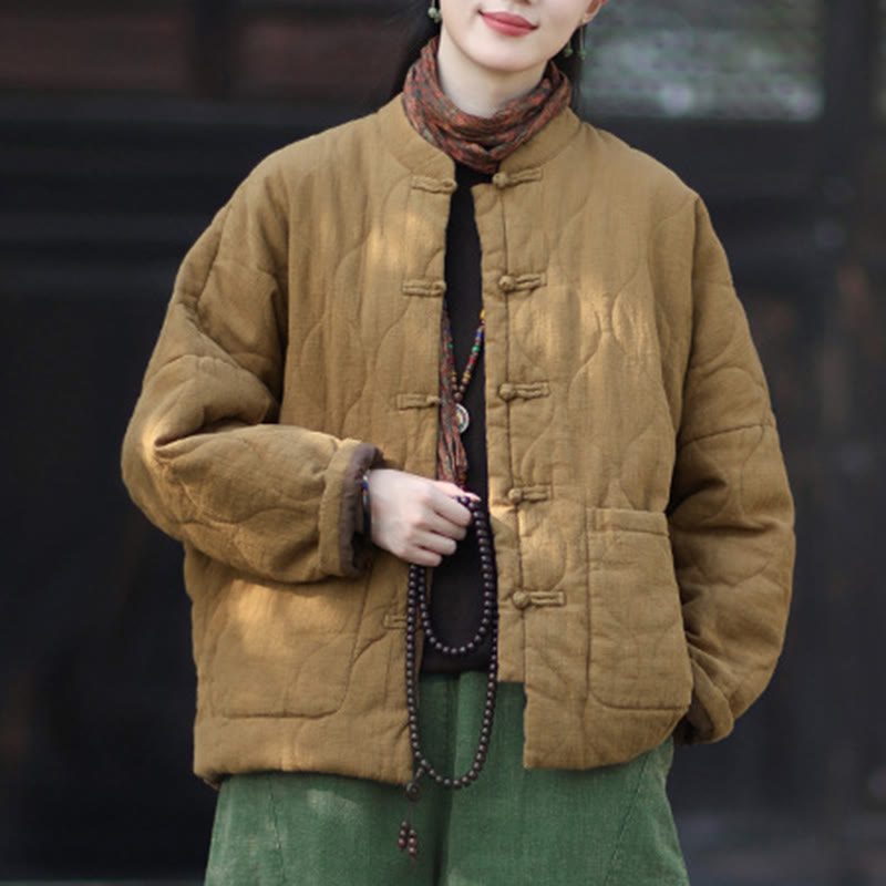 Winter Curved Lines Frog-Button Ramie Cotton Long Sleeve Women's Thermal Jacket With Pockets