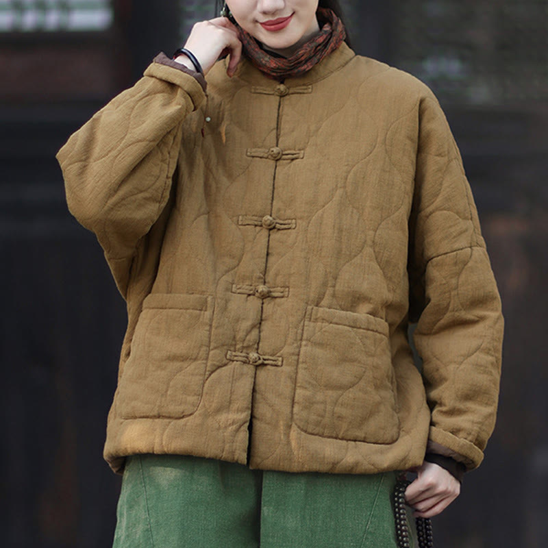 Winter Curved Lines Frog-Button Ramie Cotton Long Sleeve Women's Thermal Jacket With Pockets