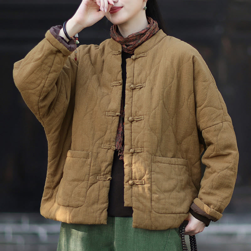 Winter Curved Lines Frog-Button Ramie Cotton Long Sleeve Women's Thermal Jacket With Pockets