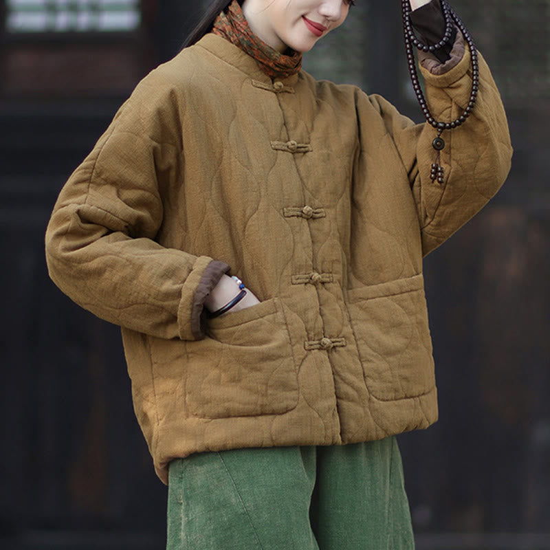 Winter Curved Lines Frog-Button Ramie Cotton Long Sleeve Women's Thermal Jacket With Pockets