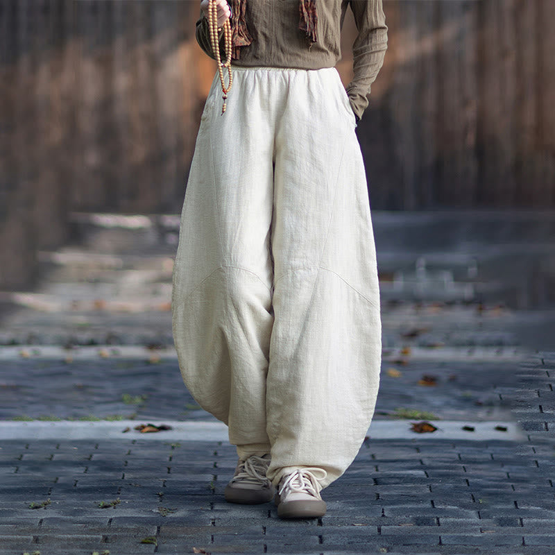 Winter Elastic Waist Ramie Cotton Thermal Women's Pants With Pockets