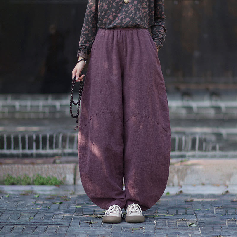 Winter Elastic Waist Ramie Cotton Thermal Women's Pants With Pockets